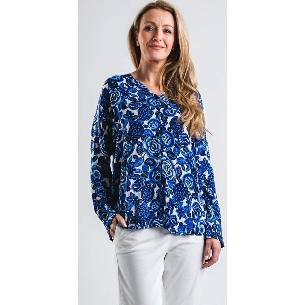 Masai Ida Floral Tunic Blouse Greek Blue NWT M